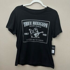 True Religion Black short sleeve shirt w/ Silver Glitter Buddha World Tour Large